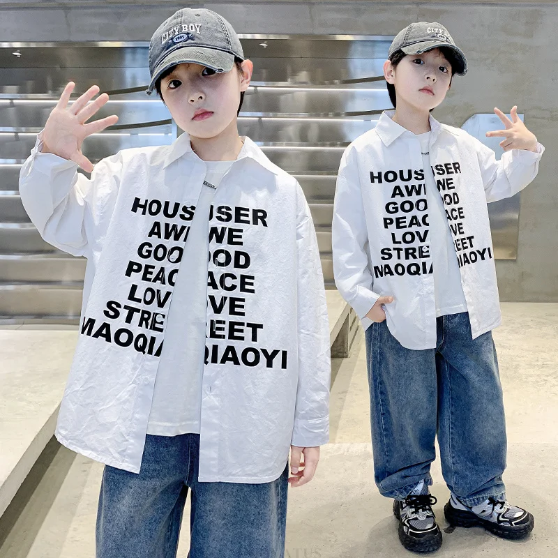 

y2k Kids Fashion Casual Letter Print Long-Sleeved Shirt For Boys High Street Tops Trendy Blouse School Child Spring Autumn Shirt
