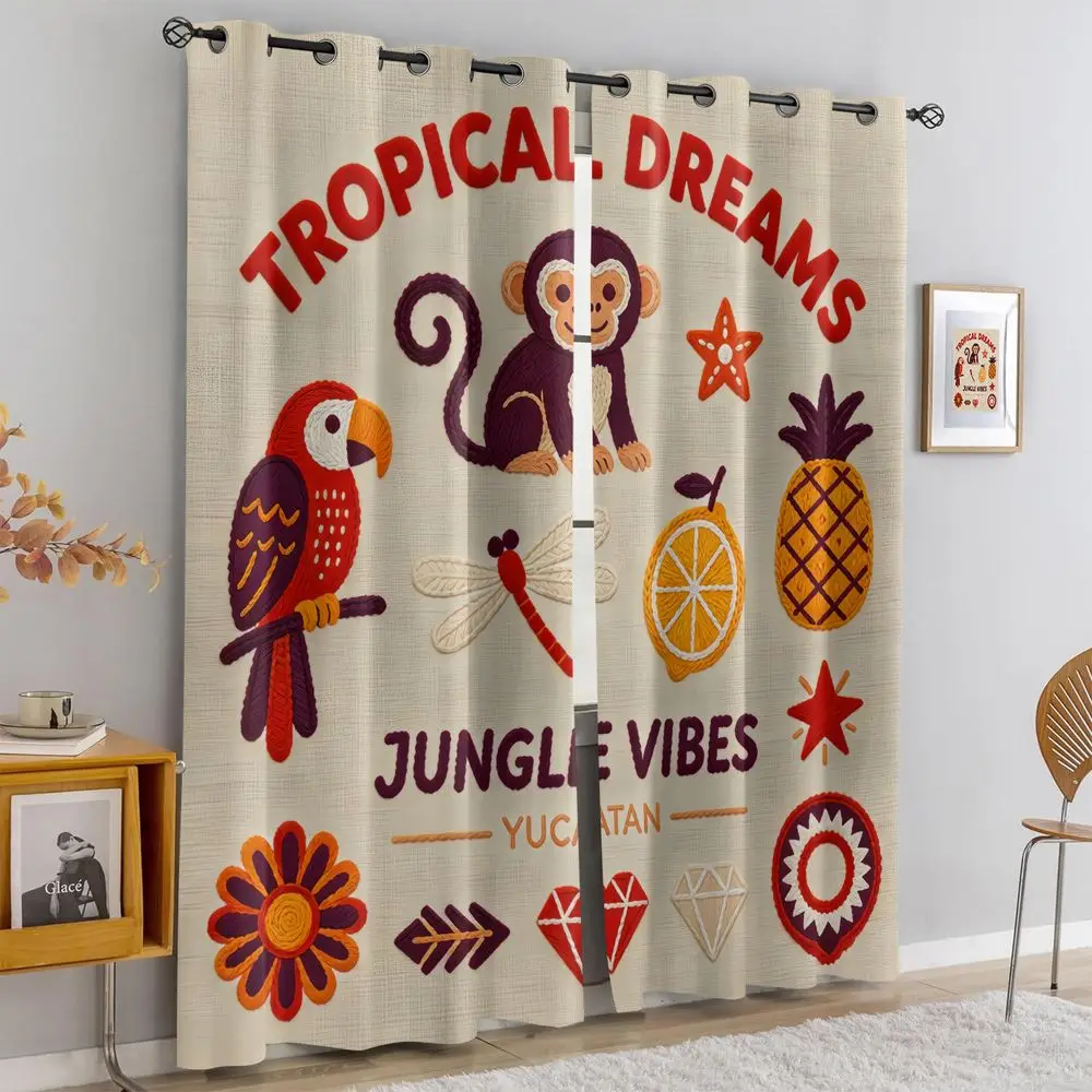 Tropical Dreams Jungle Vibes Yucatan Monkey Parrot Print Curtains, 2-Pcs Digital Printed Blackout Curtains for Living Room - view 2
