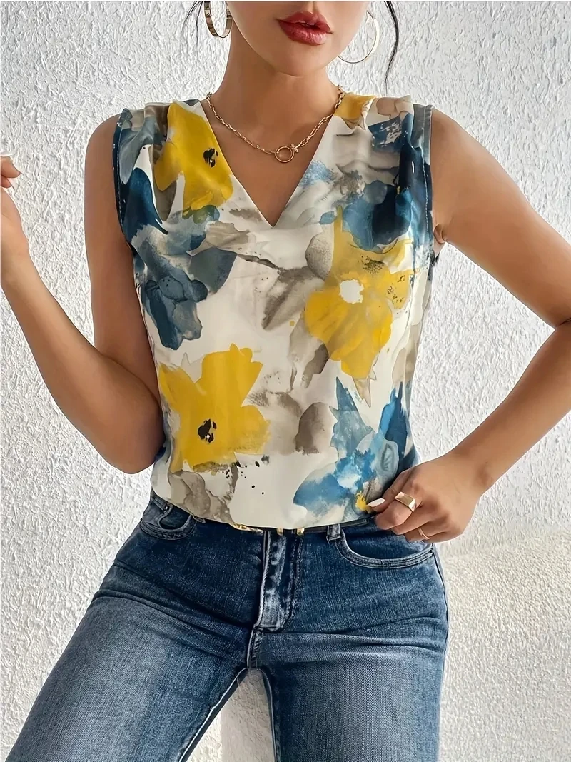 2024 Summer Floral Elegant Women V-Neck Tank Tops Blouse Sleeveless Shirt Women\'s Top Elegant Clothes Loose Women\'s Vest