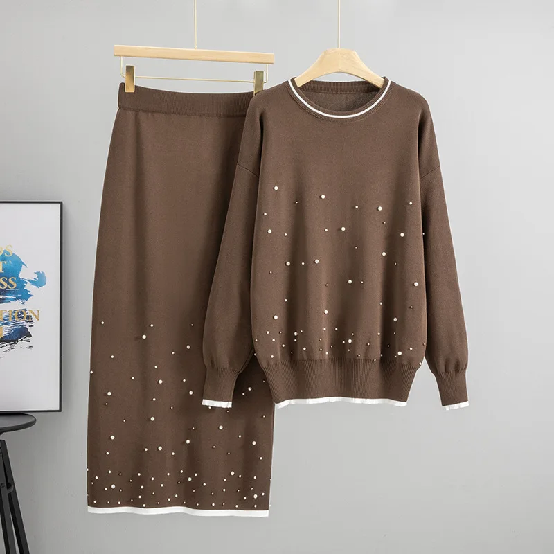 Muslimischen Perlen Frauen Pullover Stricken Anzug Zwei Stück Sets Pullover Gestrickte Lange Rock Outfits Lässige Strickwaren Ensemble Herbst