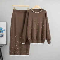 Musulman perles femmes pull tricot costume deux pièces ensembles pull tricoté jupe longue tenues tricots de style décontracté Ensemble automne 1
