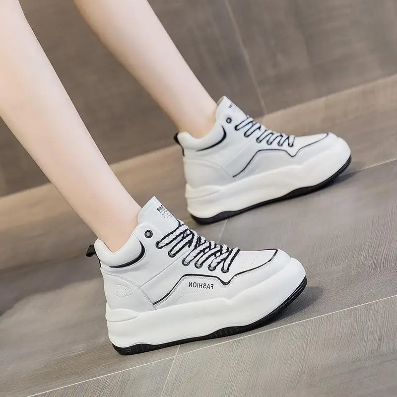 

Casual High Top White Sneakers Thick Bottom Sports Shoes Lace up Leather Slip on Shoes Comfortable Fashionable Leisure Footwear