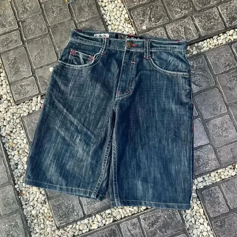 Celana pendek Denim longgar motif tengkorak baru Musim Panas 2024 celana pendek Denim longgar pria dan wanita Y2K Harajuku Vintage kasual Gothic celana pendek kaki lebar wanita