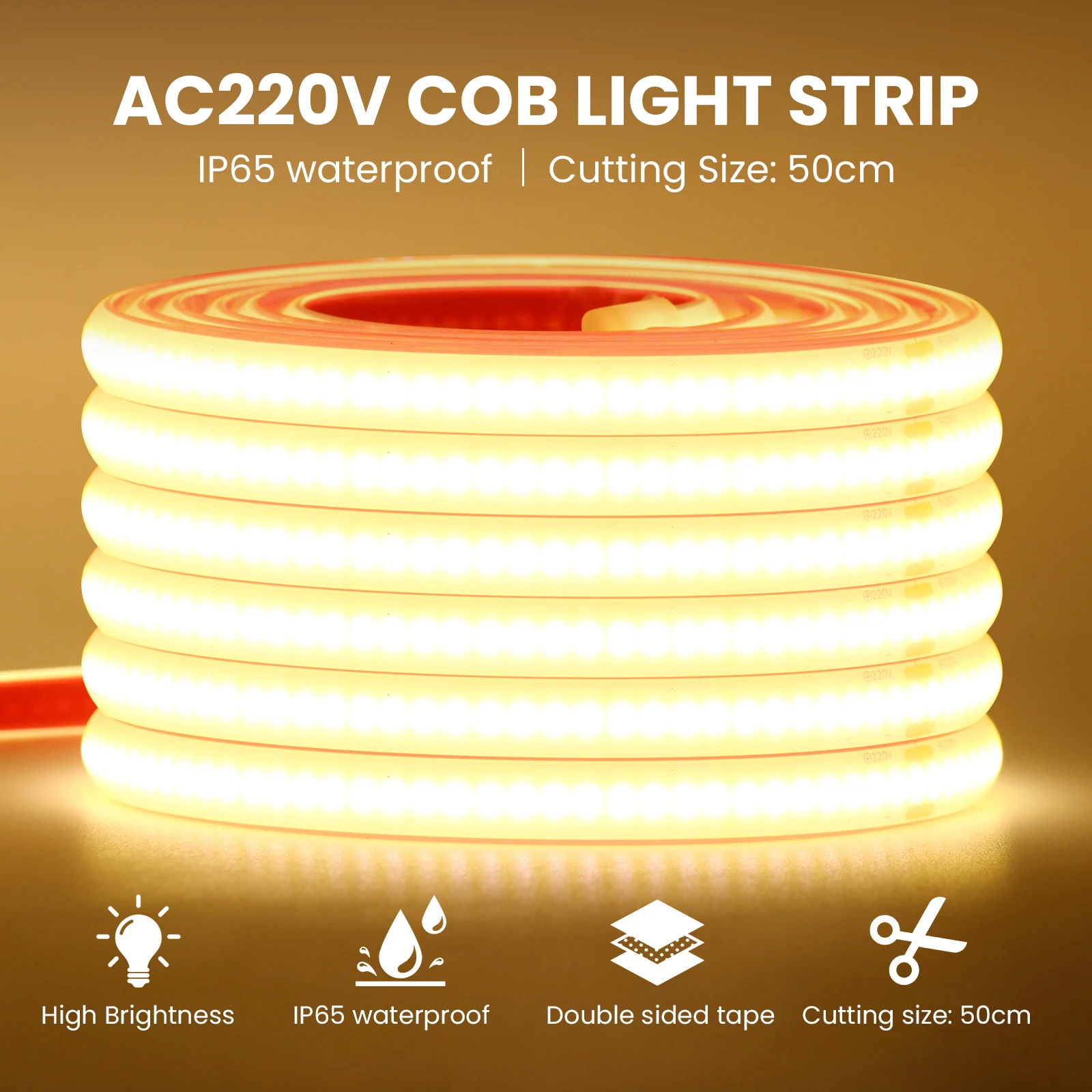 220V COB Strip Light Adhesive Tape IP65 Waterproof Flexible Led Strip 288LEDs/m EU UK Power Plug Led Ribbon Indoor Outdoor Light