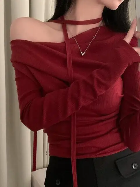 Chic Vintage Design Off-Shoulder Long Sleeve Asymmetrical Neckline Slim Fit Base Layer T-Shirt Women's Fashion Autumn Top