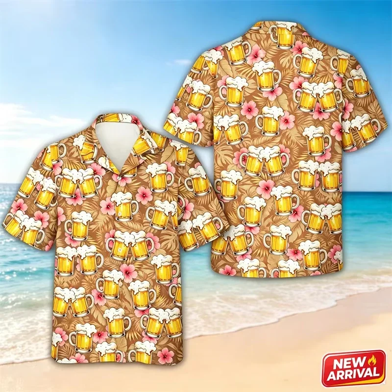 Funny Beer Pattern Hawaiian Shirt For Men Summer Street Lapel Short Sleeve Top 3d Printed Flower Graphic Trend Button Shirts