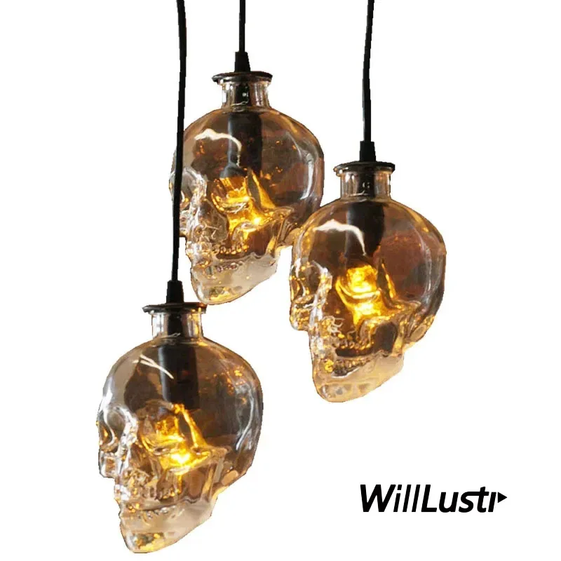 

Clear Glass Skull Pendant Lamp Retro Suspension Light Wall Sconce Hotel Cafe Bar Loft Hanging Ceiling Chandelier