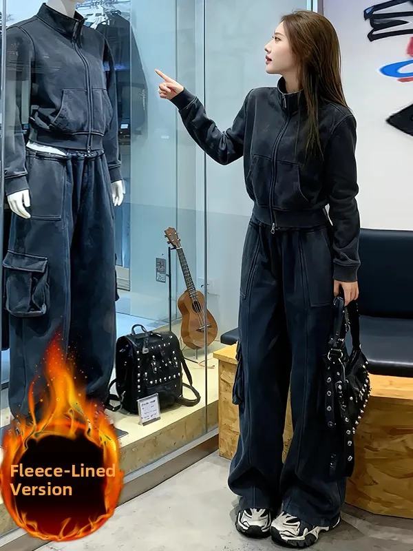 

Стильный повседневный спортивный костюм для женщин: утепленный флисовый верх и рабочие брюки, комплект из двух предметов, премиум-класс