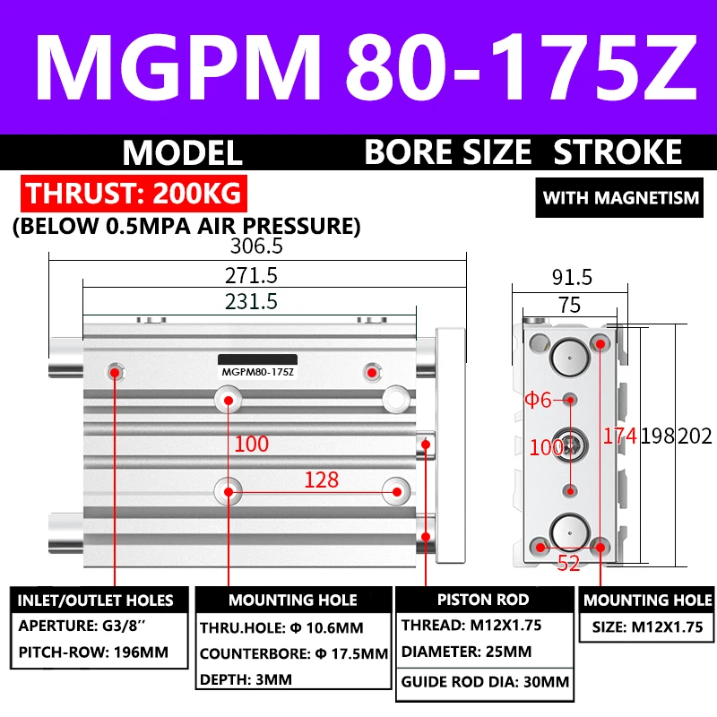 

ABILKEEN MGPM Series Pneumatic Compact Guide Cylinder MGPM80-175Z 80MM Bore X 175MM Stroke Three Axis Three Rod Air Cylinder