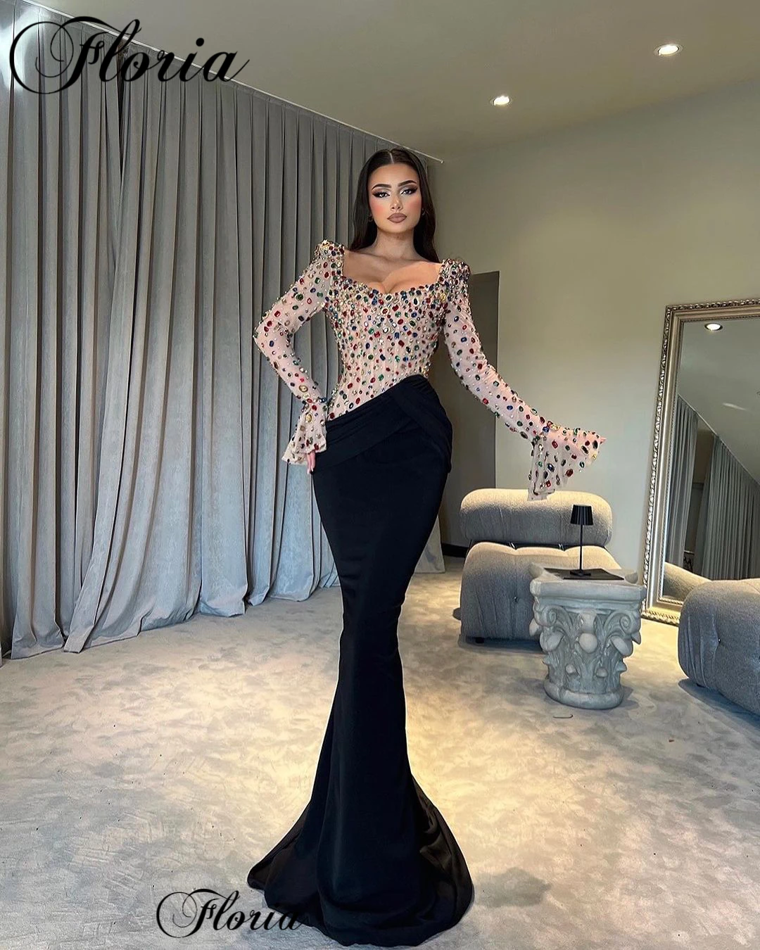 New Elegant Crystals Celebrity Dresses For Women 2023 Long Sleeves Formal Occasion Dresses Vestidos De Noche Evening Party Dress