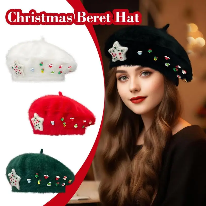 Christmas French Beret Hats Winter Warm Atmosphere Fashionable Hat Warm Beanie Christmas Beret Holiday Hats For Women Girls