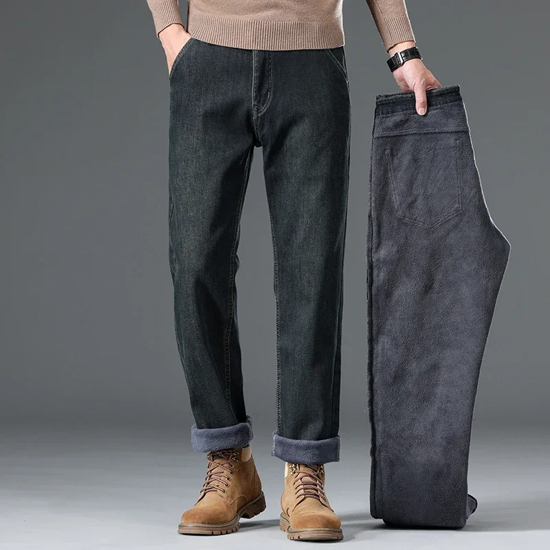 Warm Winter New Fleece Jeans for Men's Thickened Straight Business Casual Plush Denim Pants Classic High Quality Male Trousers