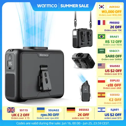 Warmco 20000mAh 휴대용 목 허리 팬 72H 배터리 4 속도 15000RPM 클립 온 웨어러블 벨트 냉각 팬 LED 손전등 보조베터리