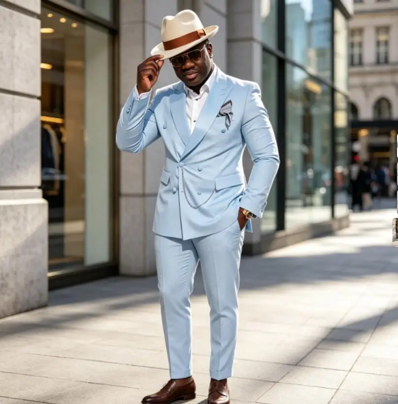 Classic 2 Piece Light Sky Blue Men Suits Double Breasted Slim fit Groom Tuxedo for Wedding Prom African Man Fashion Blazer Sets