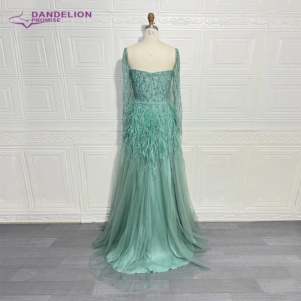 Luxury Beaded Green  Feathers A-Line Evening Dress 2023 Sweetheart Long Sleeves For Women Formal Party Gown