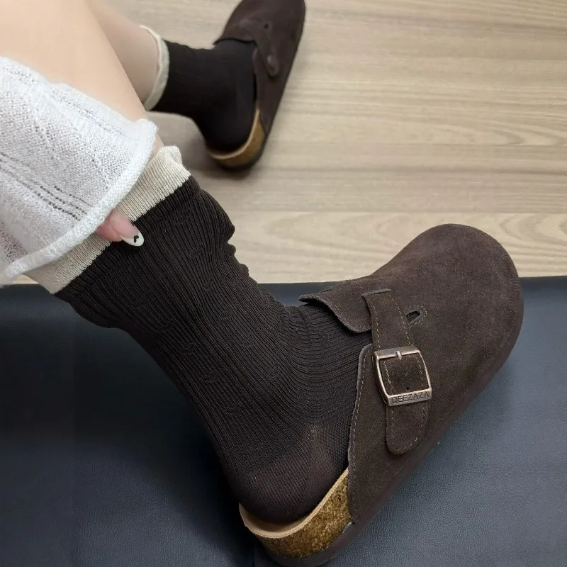 1 Pair Winter Brown Cotton Socks Spring Fall Mid-Calf Length Coquette Frilly Socks White Slouch Socks for Girls High Quality