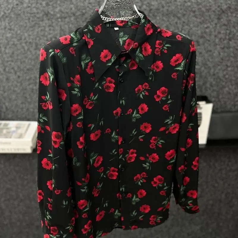 Loose Rose Breathable Shirt Square Collar Print Wasteland Style Urban Youth Men's Flower Shirt