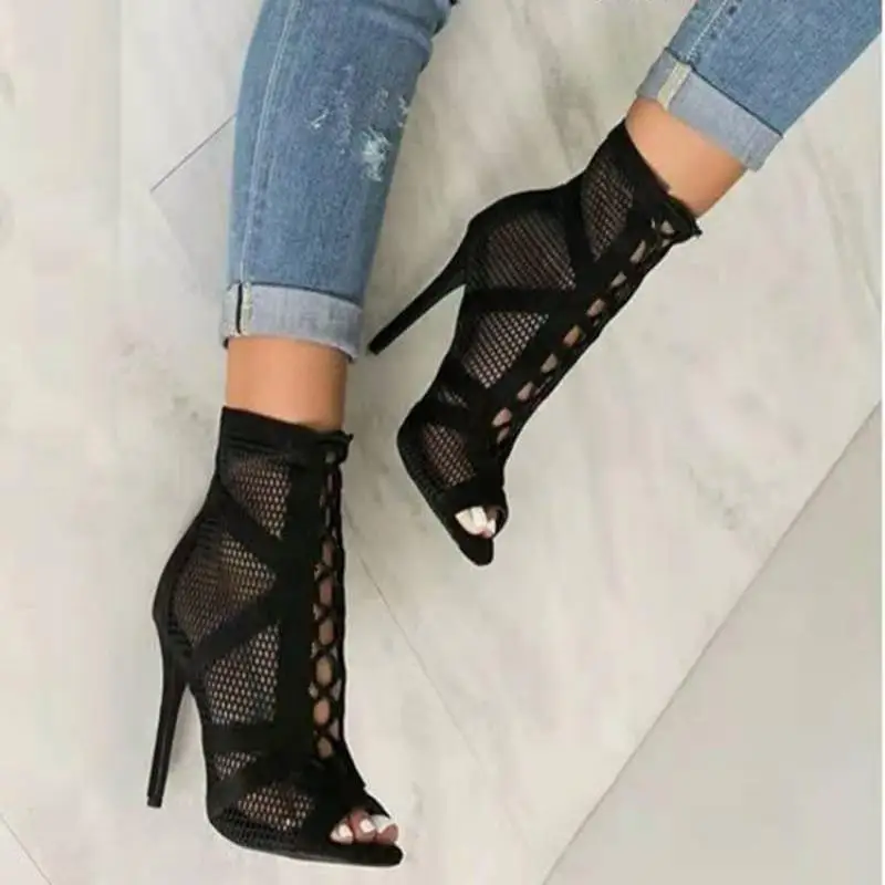 New Fashion show Black Net Fabric Cross strap Sexy high heel Sandals Woman shoes Pumps Lace-up Peep Toe Sandals Casual Mesh