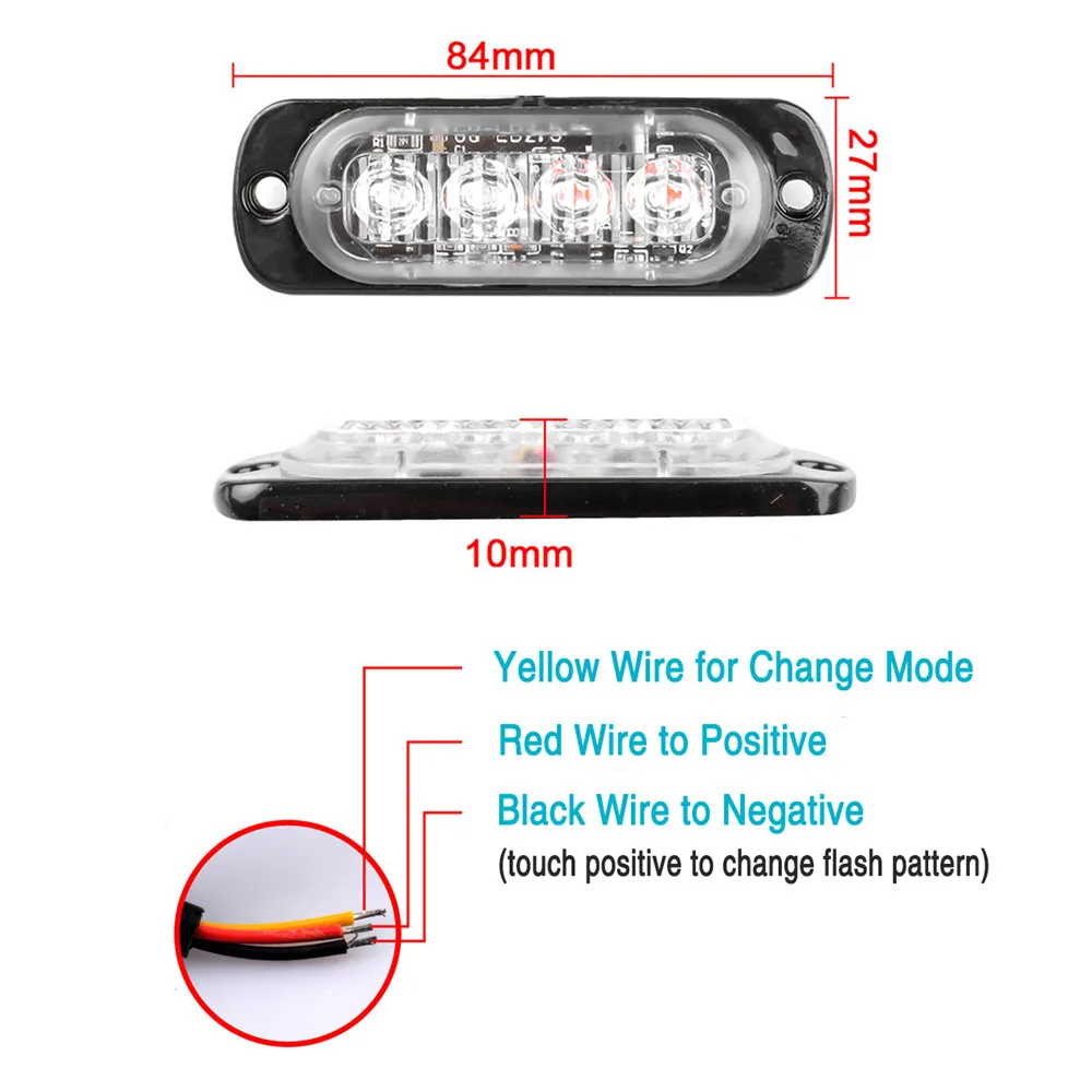 4 Led Car Signal Lamp Strobe Side Warning Light Grille Flashing Lightbar Beacon Lamp Amber Yellow White Traffic Light 12V - 24V