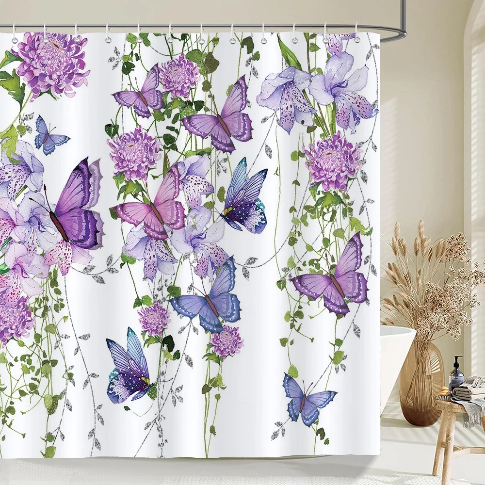 ستارة دش بألوان مائية على شكل أوراق شجر زهرية 180 سم * 180 سم مع خطافات، ستارة دش مقاومة للماء، ستائر دش للحمام #3