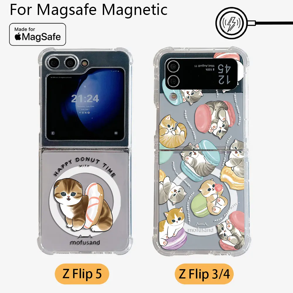 Cartoon M-Mofusands cat Magsafe Magnetic Phone Case for Samsung Galaxy Z Flip 3 4 Z Flip 5 6 Z 5G Soft Transparent Back Cover