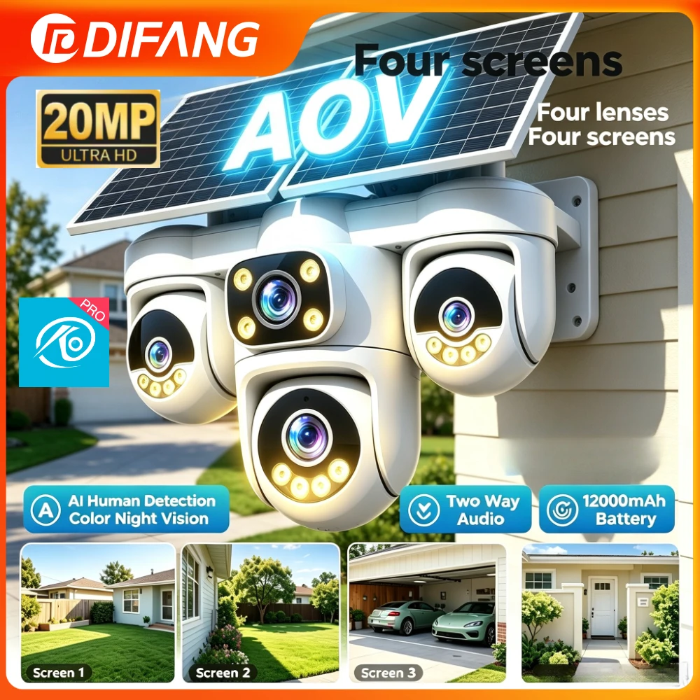 Wireless Solar 4G Security Camera 7/24Hour Monitoring 4 Lens 4 Screens Solar Powered and 12000mAh 360° PTZ Alarm CCTV