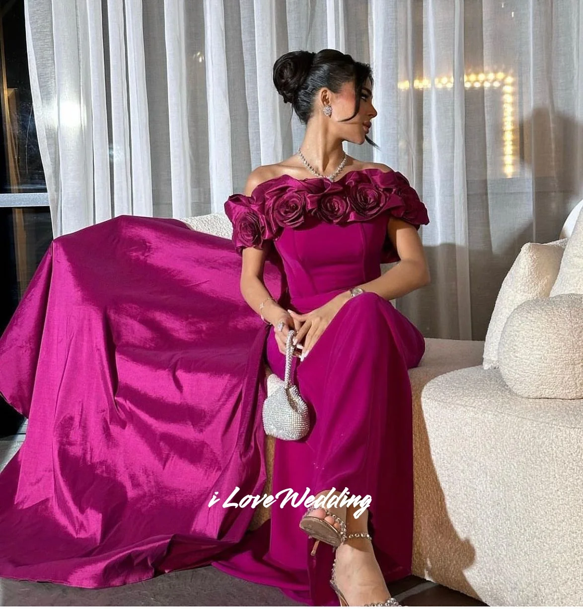 

Fuschia Strapless 3D Flower Prom Dresses Off Shoulder Sweep Train Mermaid Floor-Length Wedding Party Dresses Pleated Customized