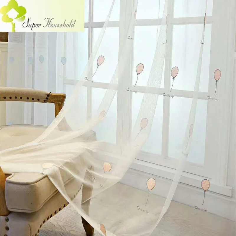 White Yarn Cartoon Balloon Embroidered Tulle Curtains for Children\'s Room Kids Bedroom Sheer Window Screens