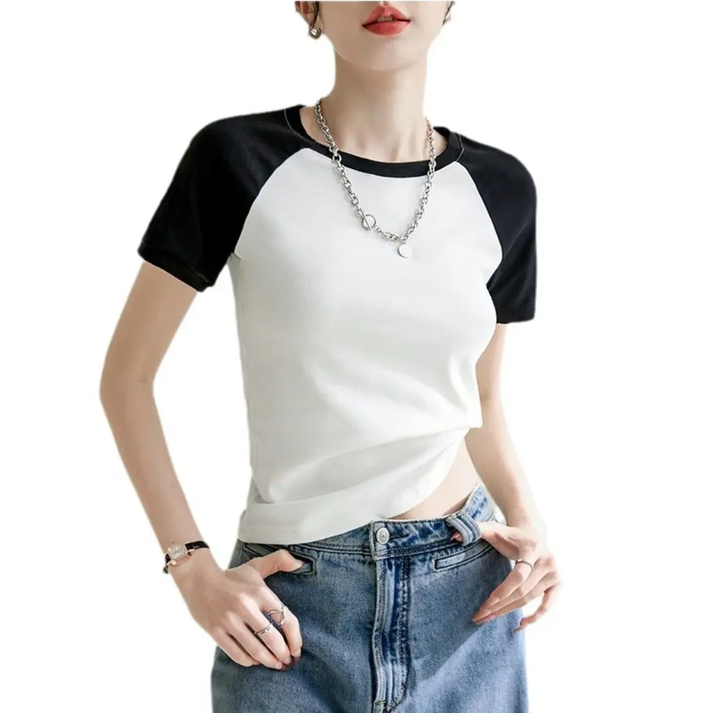 

Women's Ice-Feel Cotton T-Shirt with Raglan Sleeves Contrasting Color Slim Fit round Neck Short-Sleeved Pullover Top for Spring