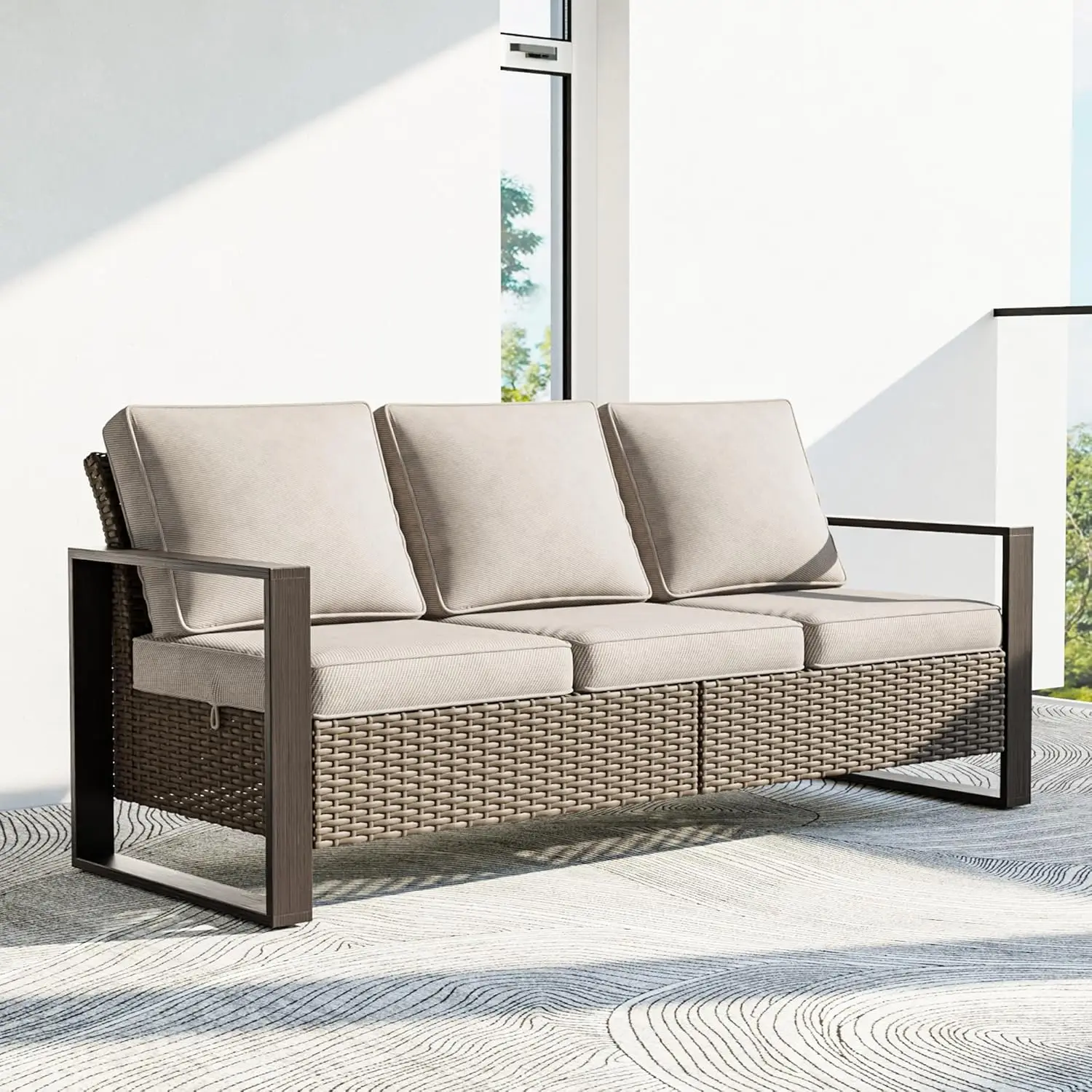 

Outdoor Patio Sofa, 3-Seat Wicker Couch With Thickened Cushions, Metal Patio Furniture Sofa High Back, Rattan, Customized