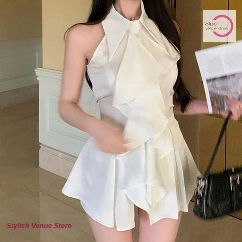 French style and fashion temperament in the long shirt women's summer new white ruffled polo collar sleeveless shirt top.
