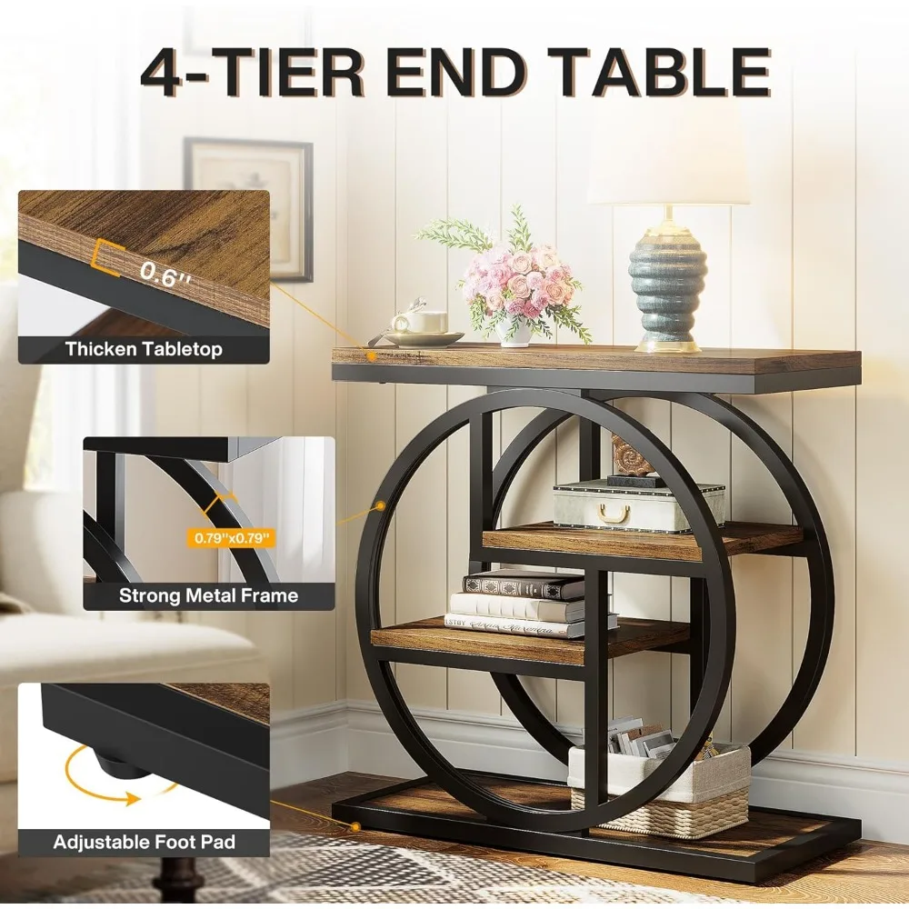 مجموعة طاولة جانبية مكونة من 2، طاولة جانبية ضيقة من 4 طبقات مع أرفف تخزين، طاولة جانبية للأريكة الصغيرة الخشبية مع معدن هندسي #6