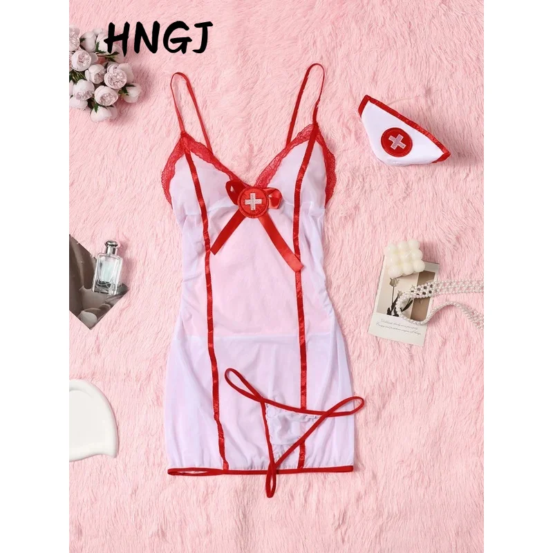 Sexy Nurse Erotic Lingerie Set - Transparent Lace Bra Panty Garter Belt Set, Hot Seductive Underwear Costume for Bedroom Role Pl