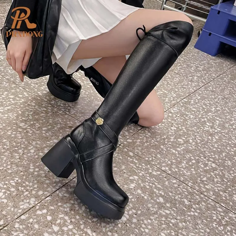 PRXDONG 2024 New Classics Autumn Winter Shoes Woman Stretch Boots Square High Heel Platform Black Apricot Casual Knee High Boots