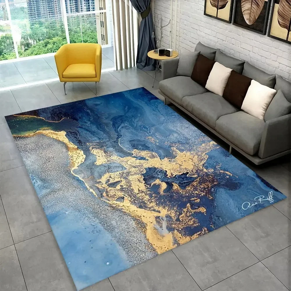 NONE Anspruchsvolle nordische blaue und goldene Marmor-Bodenmatte, geometrischer Teppich für Wohnzimmer oder Schlafzimmer, rutschfester Teppich für Sofa-Fußmatte 3