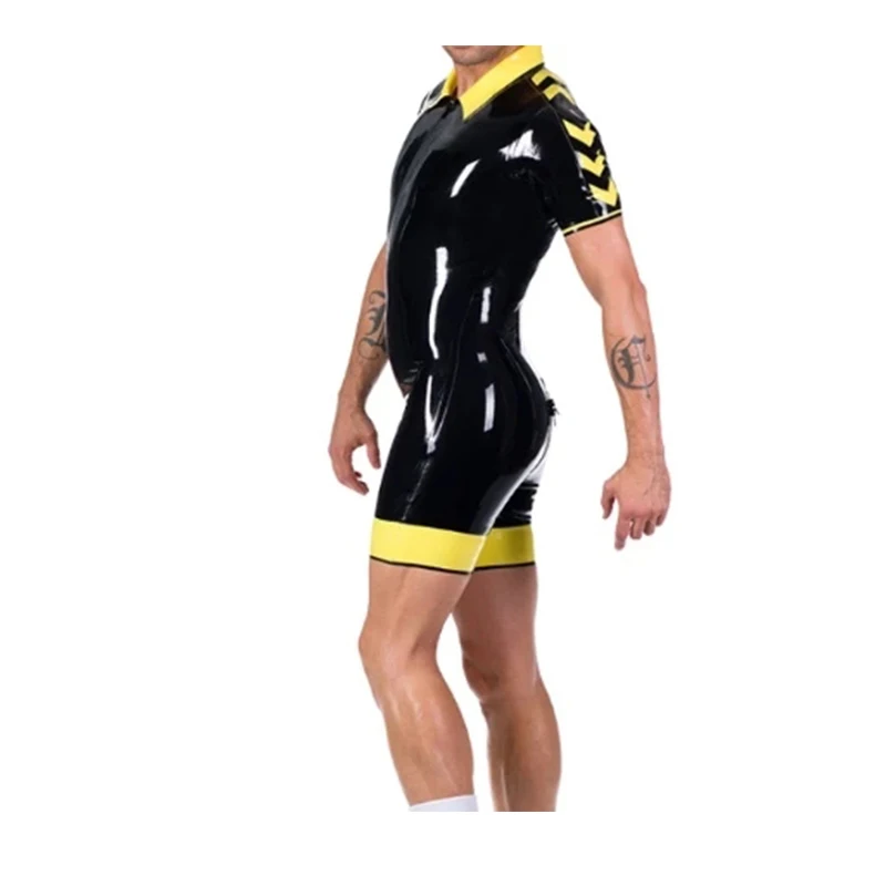 Latex Catsuit Handmade Black with Yellow Trim Front Zip Rubber Jumpsuit Bodysuit for Men Customize