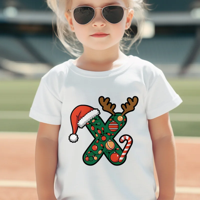 Cute A-Z Alphabet Christmas T-shirt for Kids with Santa Hat Design, Cotton Holiday Tee for Boys and Girls, Fun Xmas Outfits