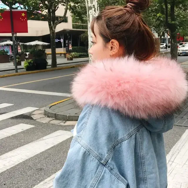 Autumn Winter New Denim Jacket Women Korean Version of Loose Women\'s Plus Velvet Padded Big Fur Collar Hooded Jacket