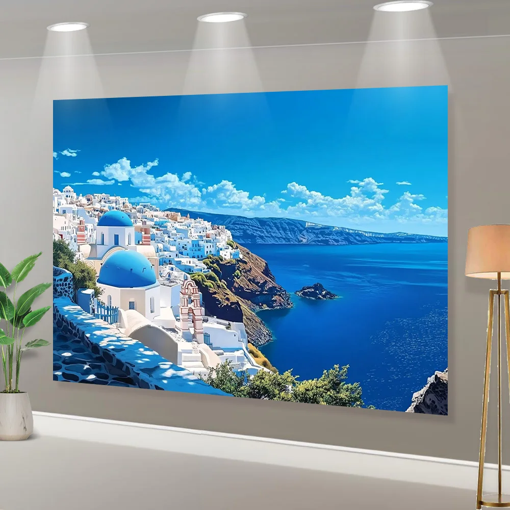 1pc polyester Santorini Island background, artistic photography background, universal seasonal decoration,
