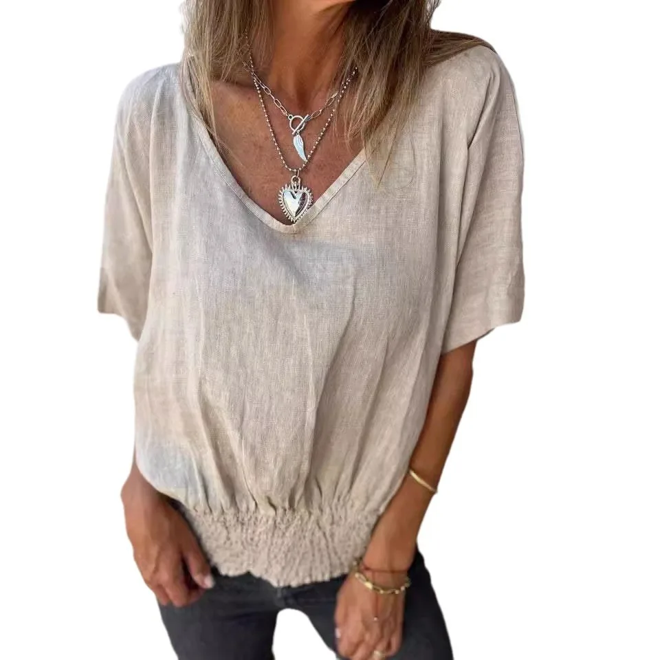 T-shirt ample V-Ne pour femme, décontracté, en coton et lin, Cleanfit H, Version hiver d'âge moyen, longueur Sve, autres matériaux, 2025