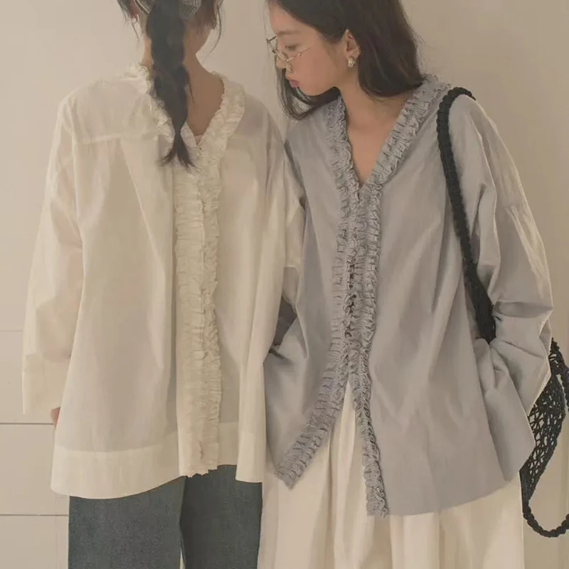 

Korean Patchwork Shirt Women Elegant Chic Preppy Style V Neck Loose Tops Summer Harajuku New All Match Fashion Casual Blouse