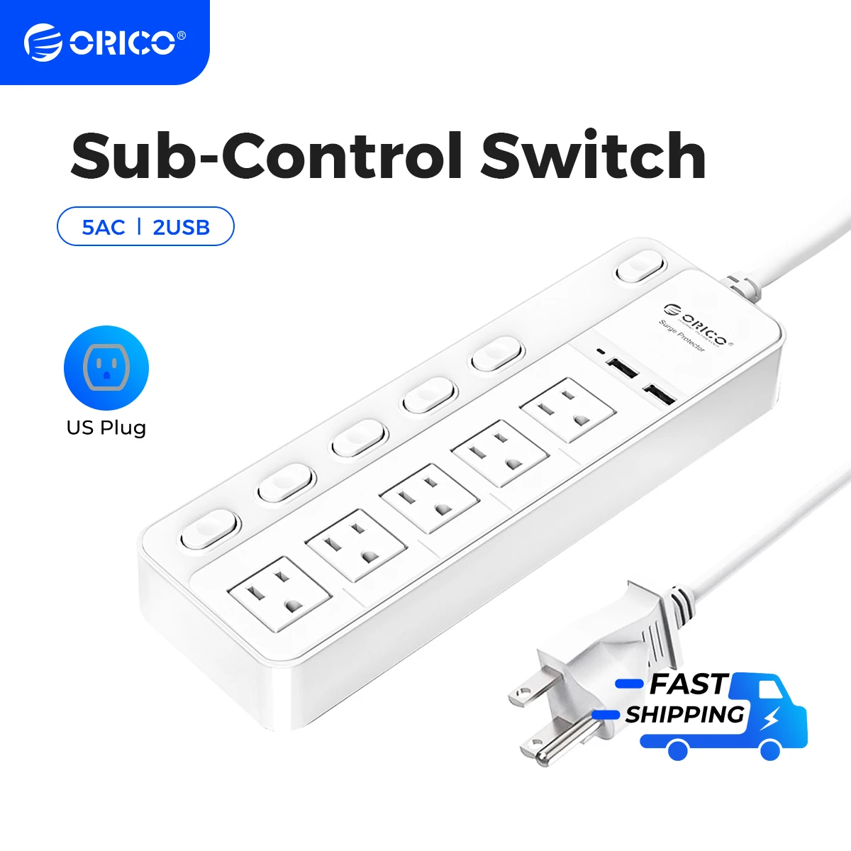 ORICO 5AC Outlets Power Strip US Plug 2 USB 5V/2.1A with Sub-control Switch Extension Corde Electrical Multiple Socket