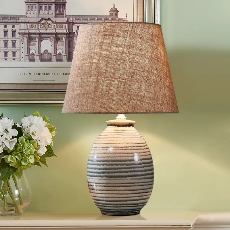 Chinese Minimalist Stripe Ceramic Base Floor Lamp Modern Study Bedroom Bedside Living Room Eye Protection Fabric LED Table Light