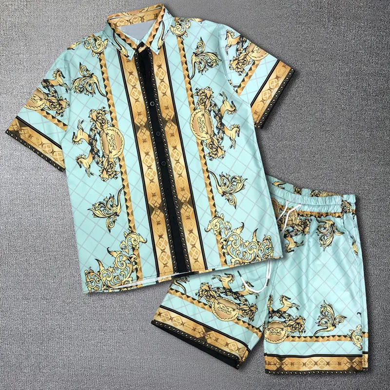 2023 2-piece Suit Men's Suit Sportswear Tops And Shorts Tracksuit Men Set Baroque Print Color Contrast Short-sleeved T-shirt