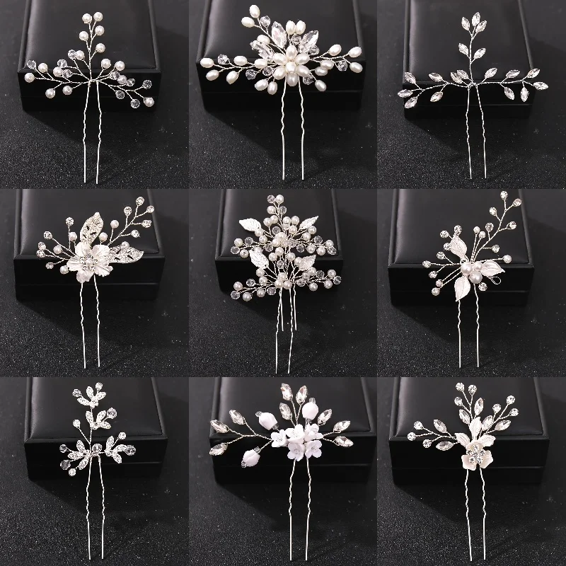 Crystal Pearl Flower Hair Pins Clips For Women Bride Hair Jewelry Wedding Hair Accessories Rhinestone Party Hairpin Headpiece