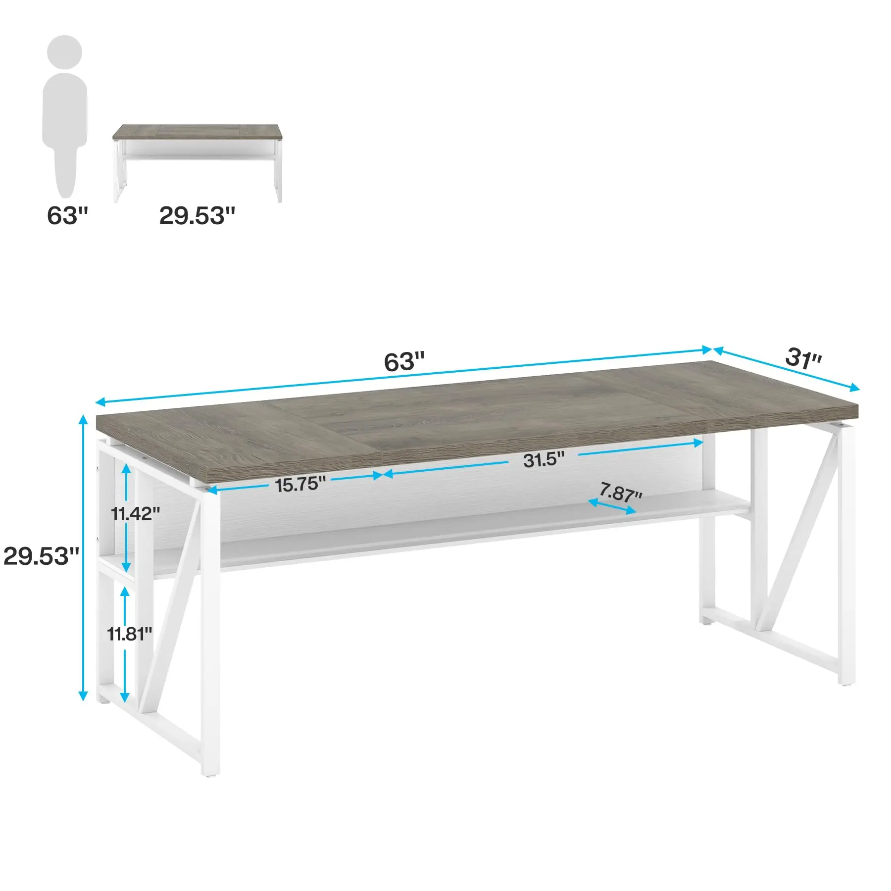 63 inches Computer Desk with Bottom Storage Shelf Home Office Desk Writing Table for Workstation,Dark Walnut + Steel