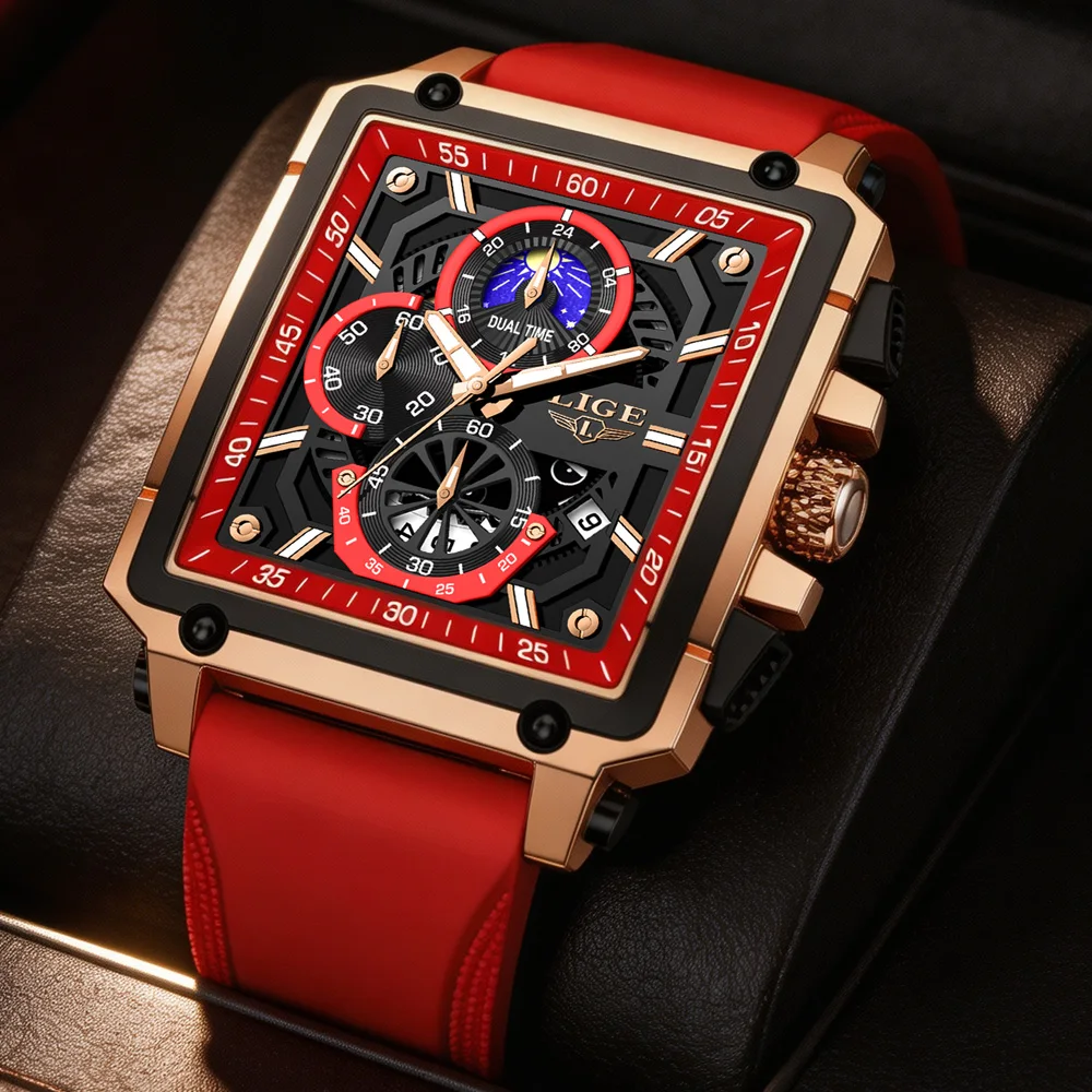 Fashion LIGE Mens Watches Top Brand Hollow Square Sport Watch For Men Fashion Silicone Strap Waterproof Quartz WristWatch+Box