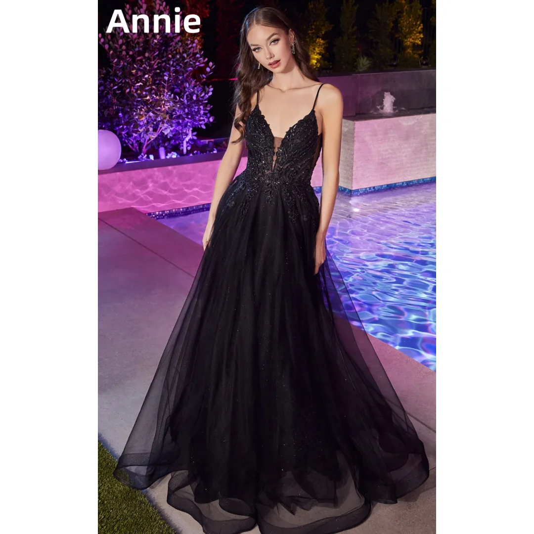 

Annie Embroidered Glitter Black V-neck Prom Dresses Tulle A-linePrincess Evening Dresses Formal Occasions Wedding Party Dress