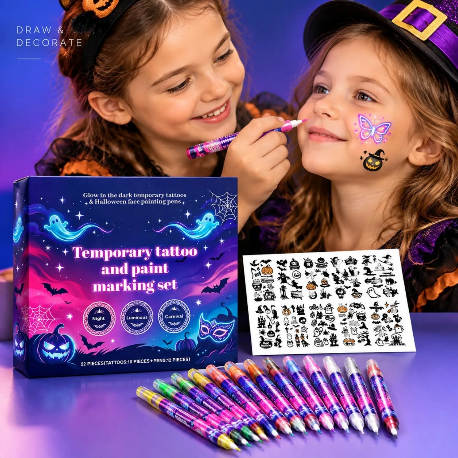 Temporary Tattoo & Body Paint Kit 12pcs Colors Neon UV Face Paint Pens DIY Decoration Halloween Makeup Party Painting Supplies