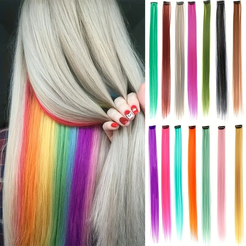 Clip in Hair Extensions, 22 Inch Colored Hair Extensions Party Highlights Long Straight Synthetic Hairpieces for Women Kids Girl